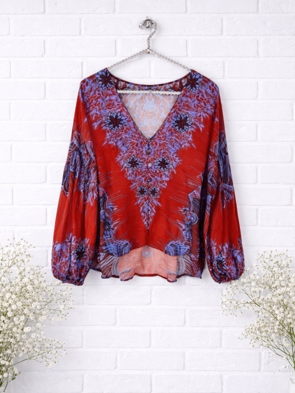 Free People Birds of a Feather Boho Peasant Blouse in Lava Combo Size XS
